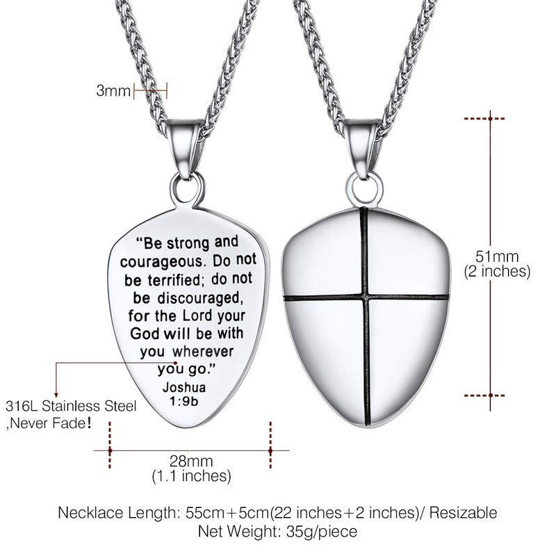 U7 Shield of Faith Pendant Chain 22 Inch Stainless Steel Joshua 1:9 Cross Amulet Necklace - Image 5